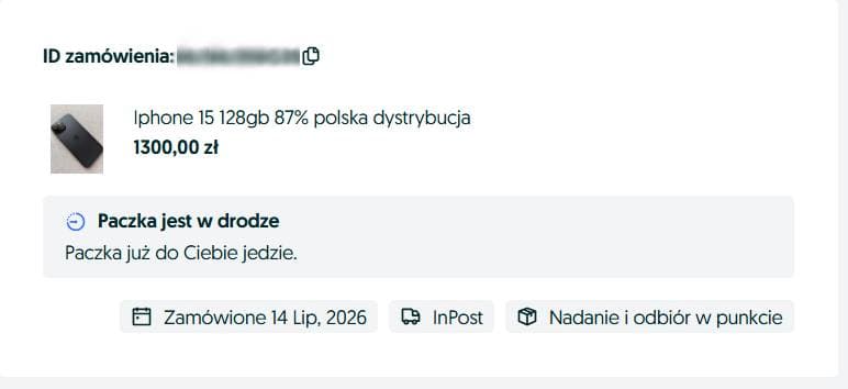 Potwierdzenie zakupu iPhone 15 128 GB za 1300 zł