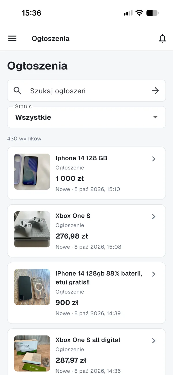 Lista ogłoszeń w aplikacji Ofertello: iPhone 14 128 GB za 1000 zł i 900 zł, Xbox One S